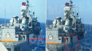 صورة تظهر الأضرار التي لحقت بالسفينة التركية ”كمال رئيس” بعد اصطدامها بفرقاطة يونانية
